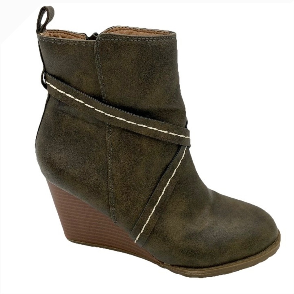 Diba Alberta Wedge Ankle Boots Olive Green Women 8M‎ Side Zip Boho Fall
